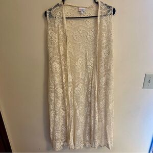 LuLaRoe Women’s Cream Ivory Long Duster Crochet Vest Size Large